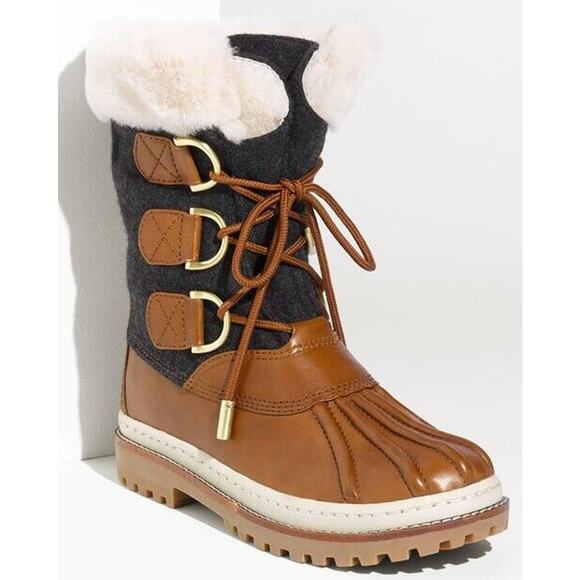 Tory Burch Grey Flannel Brown Leather Duck Boots Size 5 Fur NIB Women's Rain - Picture 1 of 10